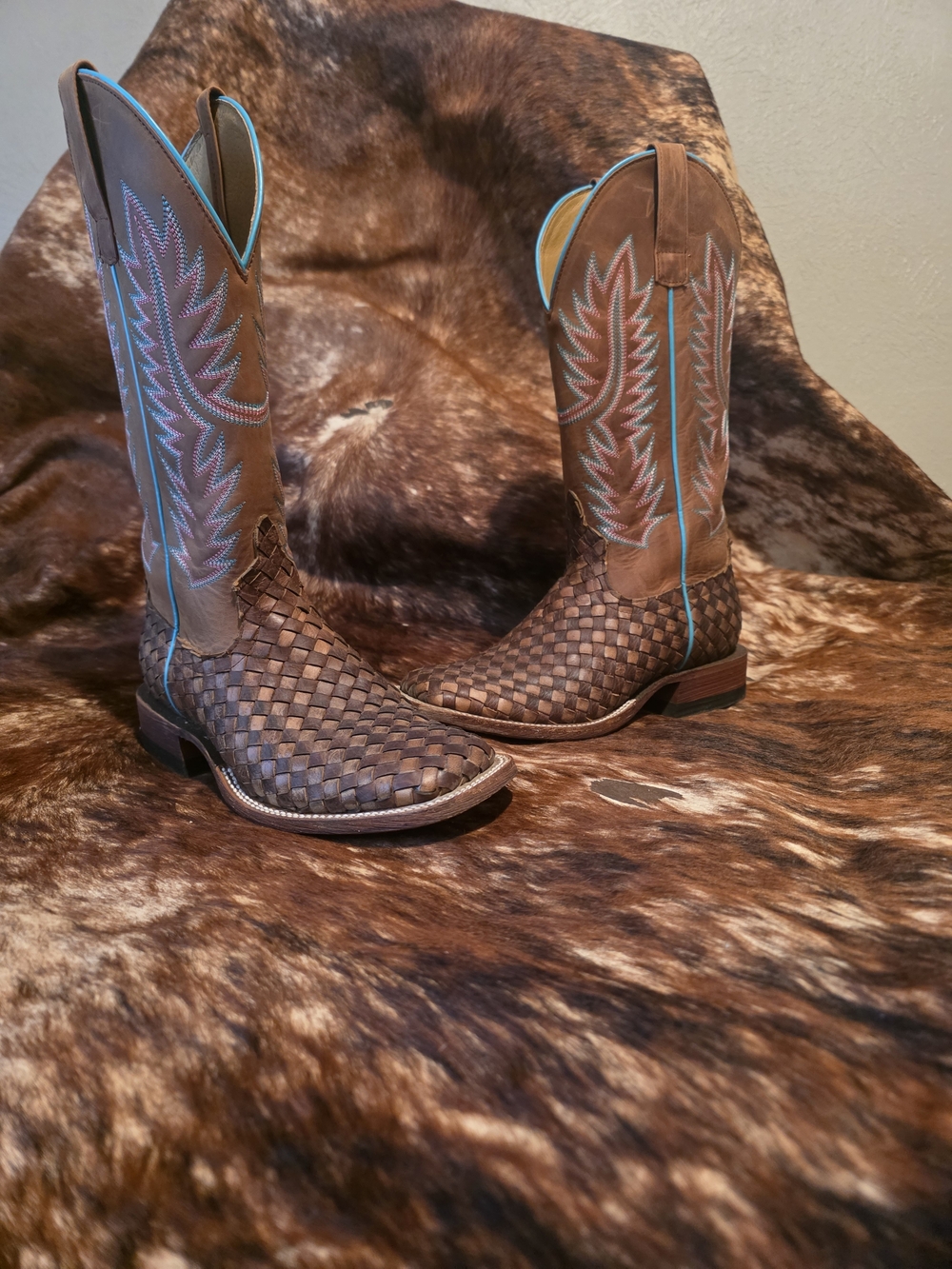 Anderson Bean Brown Woven Leather Western Boots with Turquoise Stitching